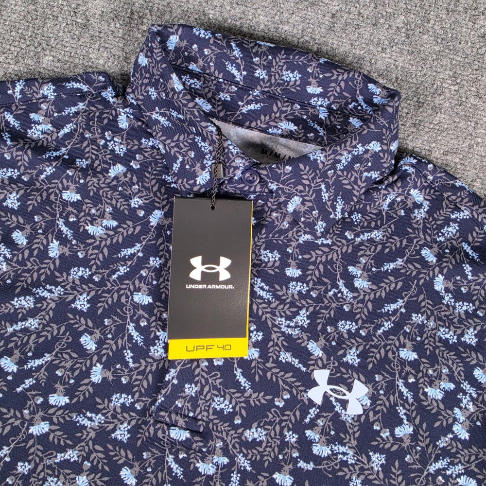 Under Armour Playoff 2.0 Polo Mens Medium Navy Blue Floral Printed UPF 40 NWT